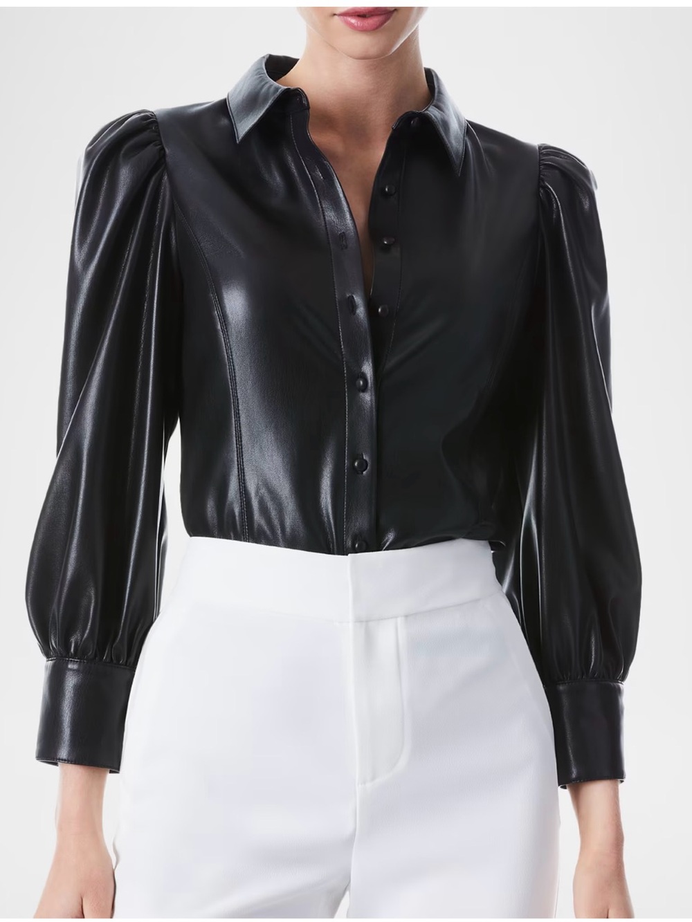 Alice & Olivia Nadine Puff-Sleeve Vegan Leather Blouse, Size L